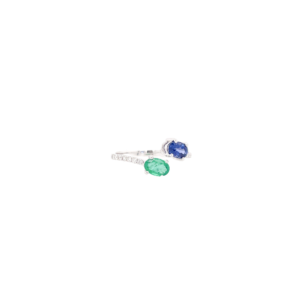 18K White Gold Sapphire & Emerald Bypass Ring Size 7.25