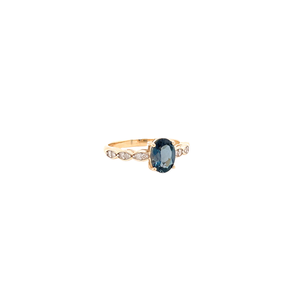 14K Yellow Gold Oval London Blue Topaz & Diamond Ring Size 7