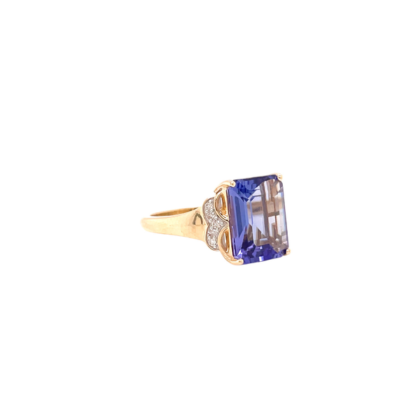 14K Yellow Gold Emerald Cut Tanzanite & Diamond Ring Size 7
