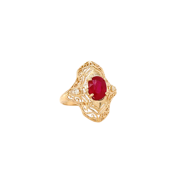 14K Yellow Gold Ruby & Diamond Vintage Inspired Ring Size 7.75