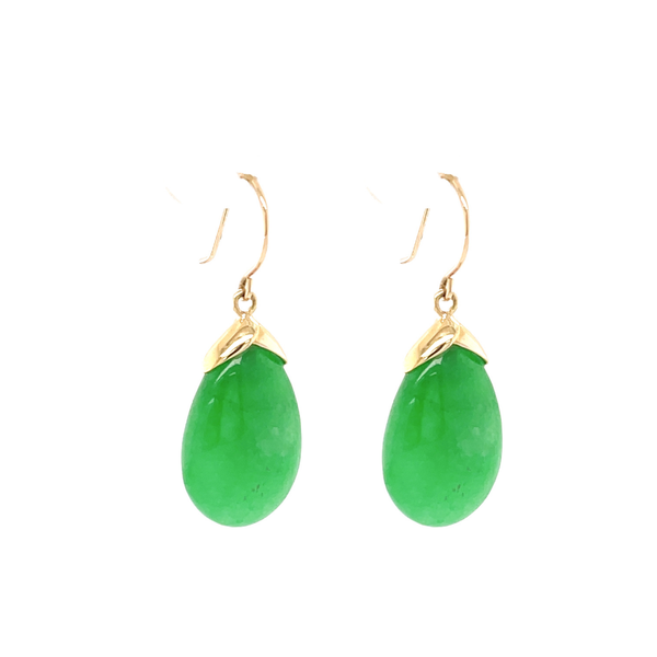 14K Yellow Gold Teardrop Green Jade Dangle Earrings