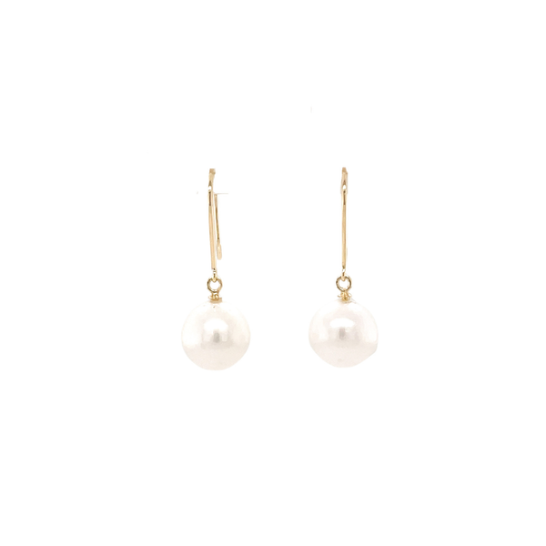 14K Yellow Gold 9-9.5mm White Freshwater Pearl Dangle Earrings