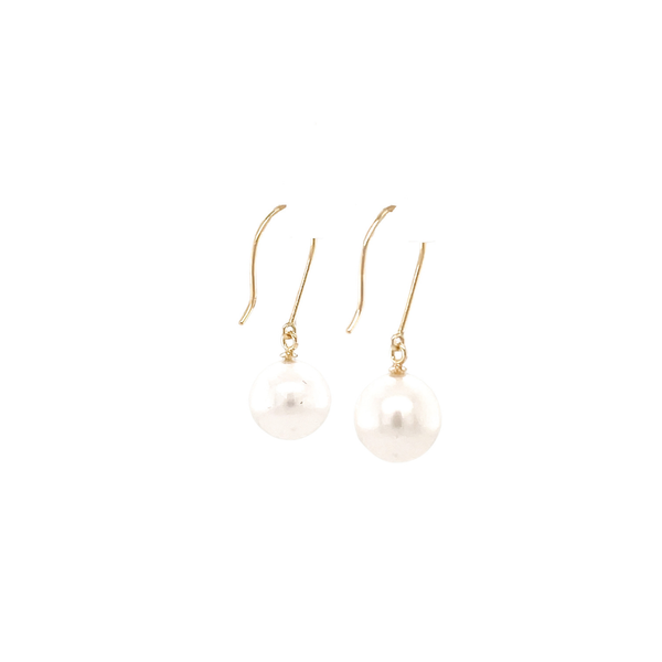 14K Yellow Gold 9-9.5mm White Freshwater Pearl Dangle Earrings