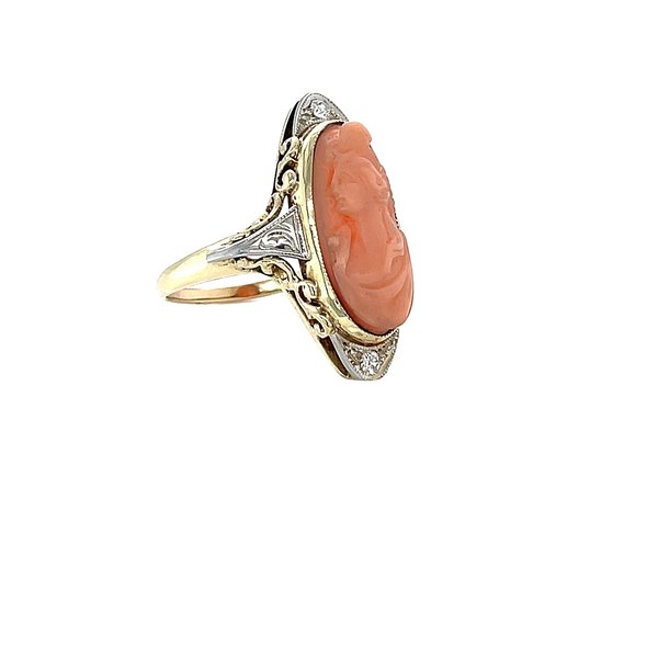 14K Yellow & White Gold 1920's-1930's Coral Cameo & Diamond Ring Size 6.5