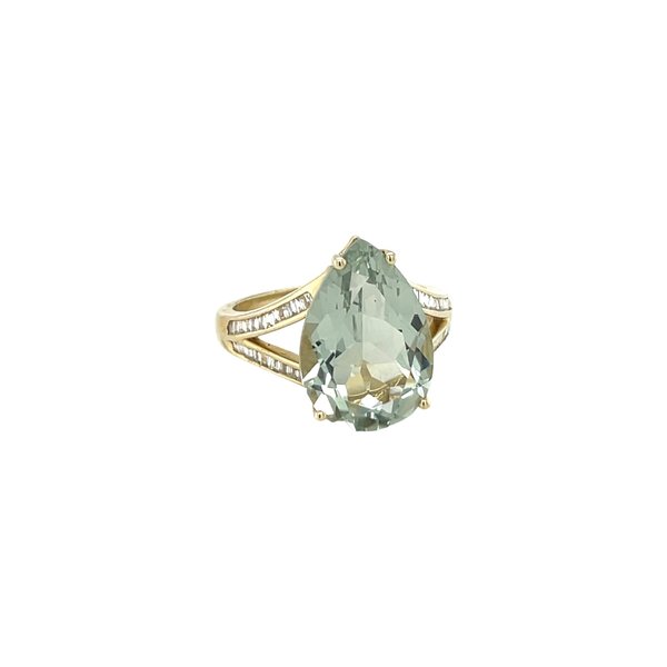 14K Yellow Gold 6.70ct Pear Prasiolite & .21ct Baguette Diamond Ring Size 7