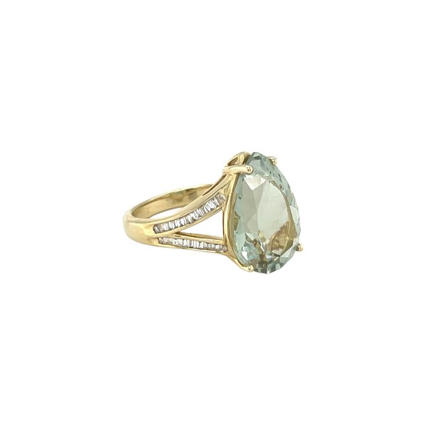 14K Yellow Gold 6.70ct Pear Prasiolite & .21ct Baguette Diamond Ring Size 7