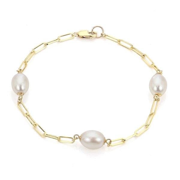 14K Yellow Gold 7-8mm Freshwater Pearl & Paperclip Bracelet 7.25"