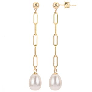14K Yellow Gold 7-8mm FWP Pearl Paperclip Dangle Earrings
