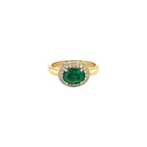 18K Yellow Gold 1.25ct Oval Emerald & .32ct Diamond Halo Ring Size 7