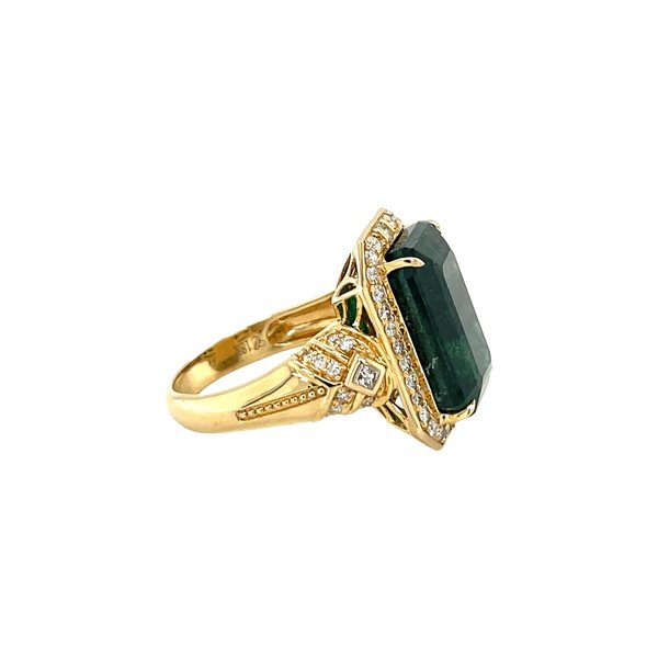 18K Yellow Gold 10.85ct Emerald Cut Emerald & .58ct Diamond Ring Size 7