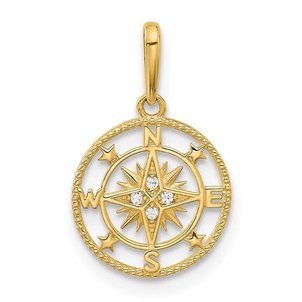 14K Yellow Gold 18x11mm CZ Compass Rose Pendant