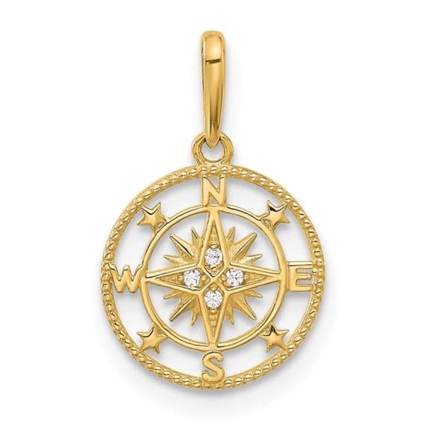 14K Yellow Gold 18x11mm Cubic Zirconia Compass Rose Pendant