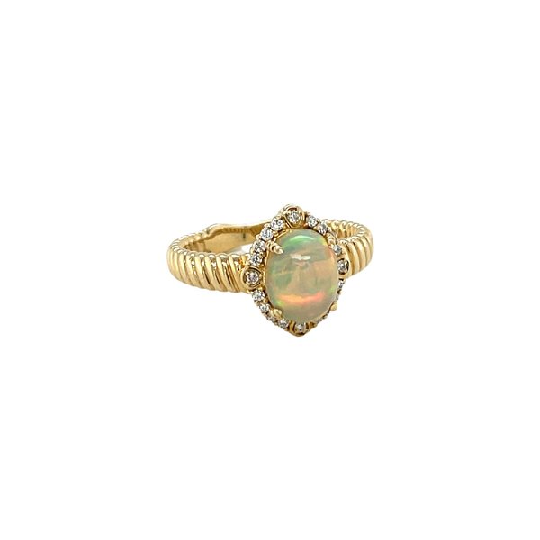 14K Yellow Gold 1.53ct Oval Cabochon Ethiopian Opal & .15ct Diamond Ring Size 7