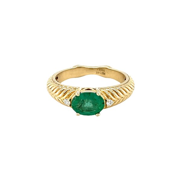 Gold Creations 14K Yellow Gold 1.43ct Oval Emerald & .04ct Diamond  Herringbone Ring Size 7