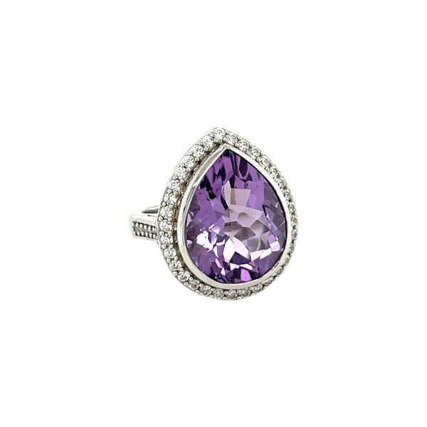 Sterling Silver 13ct Pear Amethyst & Cubic Zirconia Ring Size 5