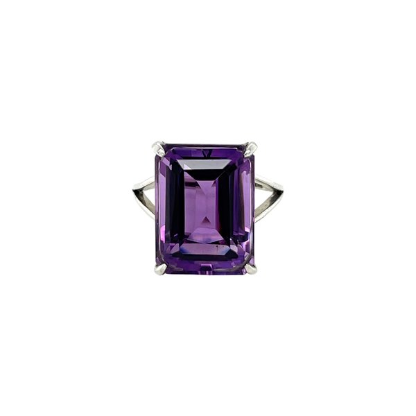 Sterling Silver 14ct Emerald Cut Amethyst Ring Size 7.25
