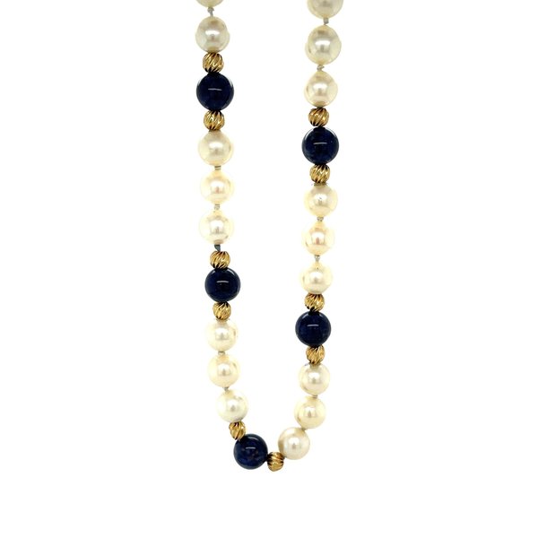 14K Yellow Gold 1960's Freshwater Pearl & Sodalite & Fluted Bead Necklace 28"