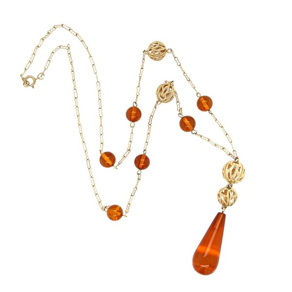 14K Yellow Gold 1960's Amber Drop Necklace 16"