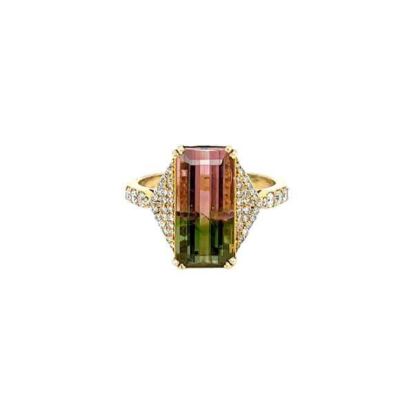 14K Yellow Gold 4.25ct Watermelon Tourmaline & .32ct Diamond Ring Size 6.25