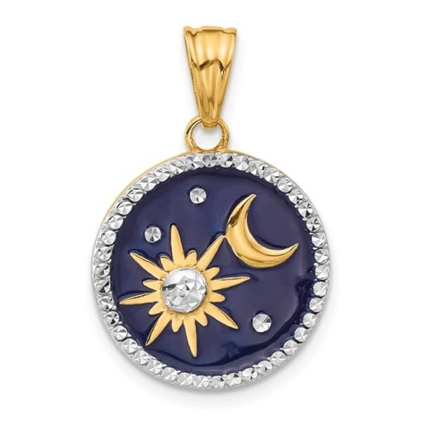14K Yellow Gold 26x17mm Diamond Cut Blue Enamel Sun & Moon Disc