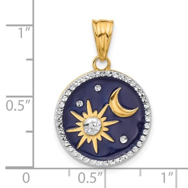 14K Yellow Gold 26x17mm Diamond Cut Blue Enamel Sun & Moon Disc