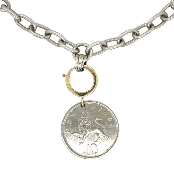 Sterling Silver & 14K Yellow Gold 1976 10 Pence Chain Necklace 17.5"