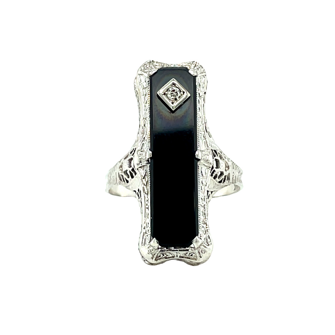 14KW 1930's Elongated Onyx Filigree .02 Dia R Sz 8 - Gold