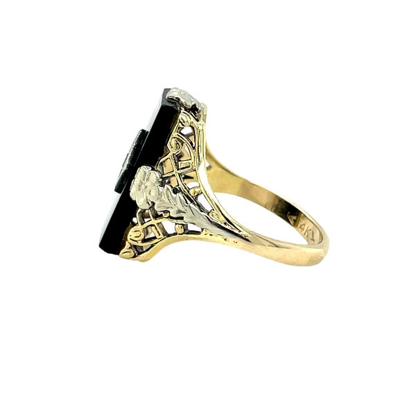 14K Yellow & White Gold 1930's Art Deco .05ct Diamond & Onyx Ring Size 7