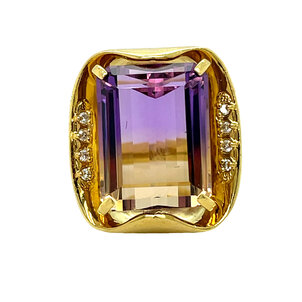 18K Yellow Gold 1970's 18.97ct Ametrine & .08ct Diamond Ring Size 8