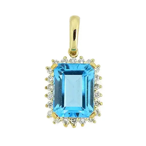10K Yellow Gold 2.10ct Emerald Cut Blue Topaz & .16ct Diamond Pendant
