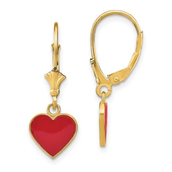 14K Yellow Gold Red Polished Enamel Heart Leverback Earrings