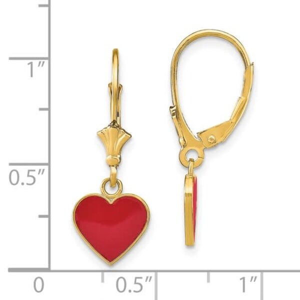 14K Yellow Gold Red Polished Enamel Heart Leverback Earrings