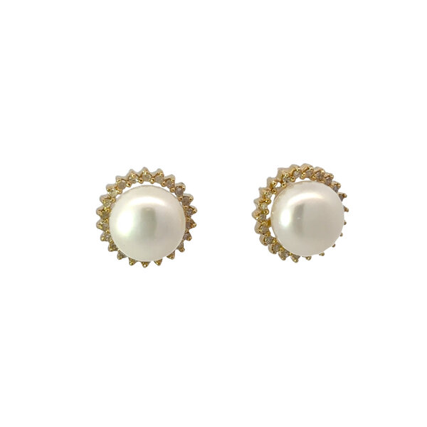 14K Yellow Gold  8-8.5mm Freshwater Pearl & .22ct Diamond Post Earrings