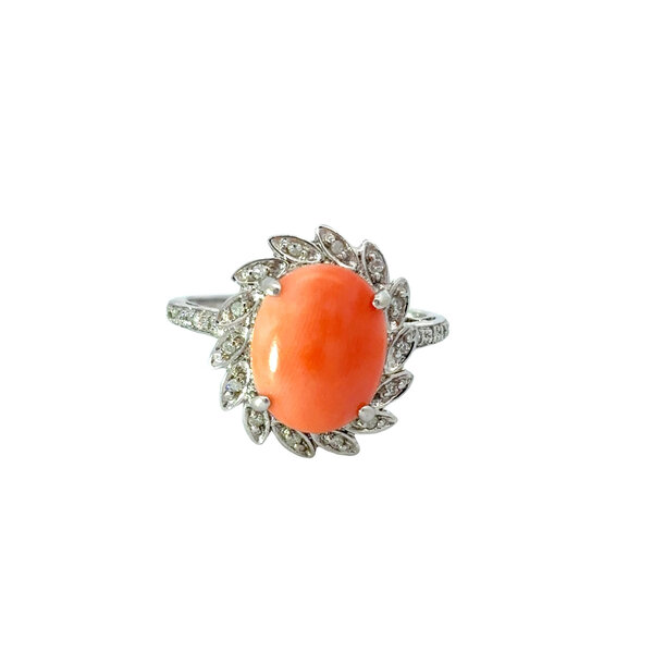 14K White Gold 1970's Pink/Orange Japanese Coral & Diamond Ring Size 7
