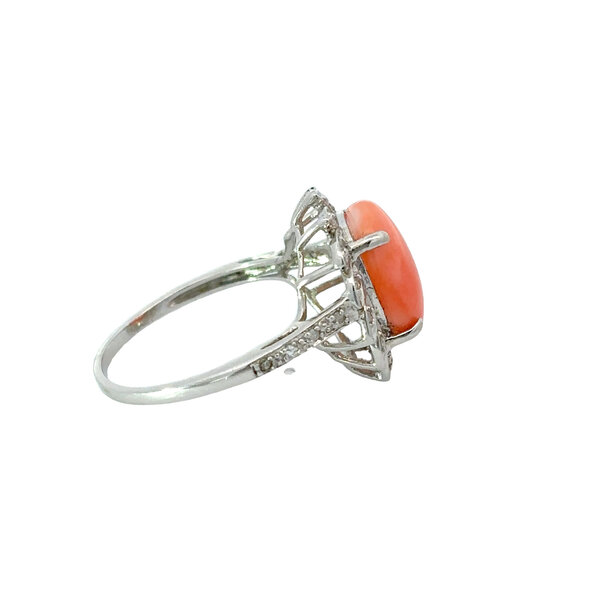 14K White Gold 1970's Pink/Orange Japanese Coral & Diamond Ring Size 7
