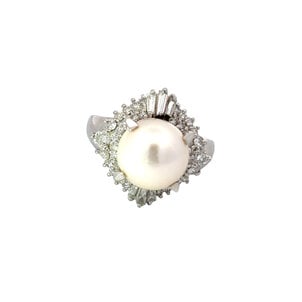 Plat 1950's 10mm Akoya Pearl & .76ct Dia Ring Sz 6.25