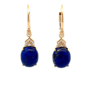 18KY 9.16ct Oval Cab Lapis & .09ct Dia Lever Dangle Earrings