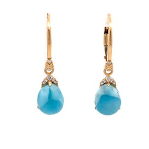 18K Yellow Gold 5.26ct Pear Cabachon Larimar & .09ct Lever Dangle Earrings