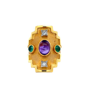 14KY 1980's  Amy, Emerald & Dia Geometric Ring Sz 6.25