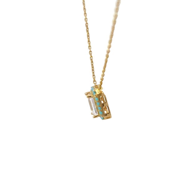 14K Yellow Gold Split Chain Emerald Cut Cubic Zirconia & Turquoise Necklace 16"-18" Adjustable