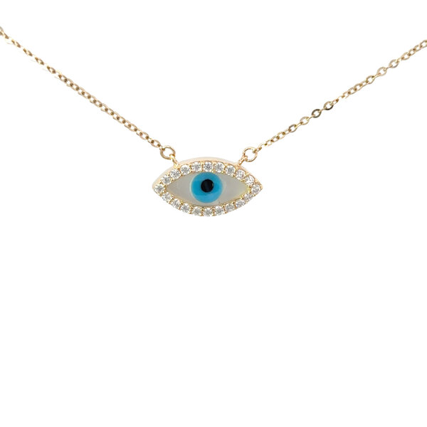 14K Yellow Gold Reversible Cubic Zirconia Evil Eye Necklace 16"-18" Adjustable