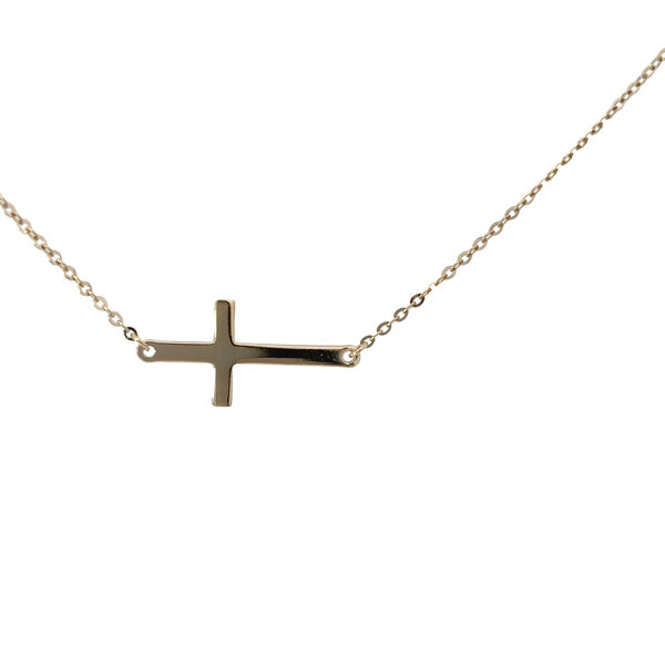 14K Yellow Gold 17mm Sideways Cross Necklace 16"-18" Adjustable