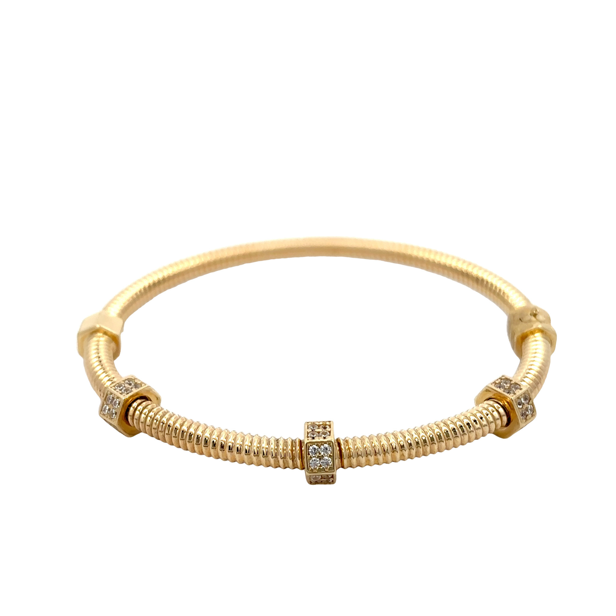 10KY Hexagon Movable CZ 4mm Wire Hinged Bangle 7" Gold Creations