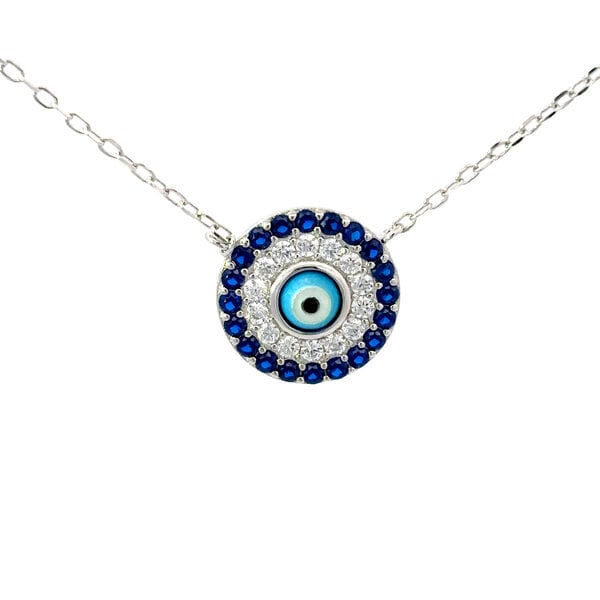 Sterling Silver Cubic Zirconia Blue Evil Eye Disc Split Chain Necklace 16"-18" Adjustable