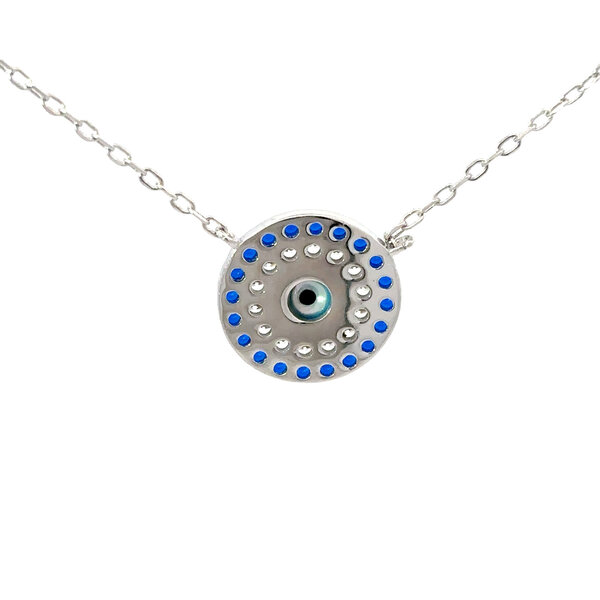 Sterling Silver Cubic Zirconia Blue Evil Eye Disc Split Chain Necklace 16"-18" Adjustable