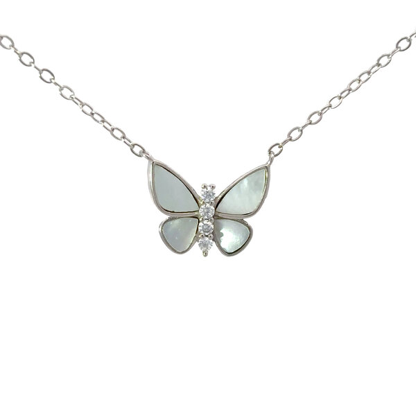 Sterling Silver Cubic Zirconia  & Mother Of Pearl Butterfly Split Chain Necklace 16"-18" Adjustable