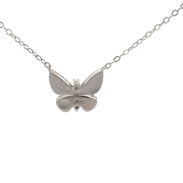 Sterling Silver Cubic Zirconia  & Mother Of Pearl Butterfly Split Chain Necklace 16"-18" Adjustable