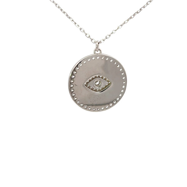 Sterling Silver Cubic Zirconia & Enamel Evil Eye Disc Necklace 16"-18" Adjustable