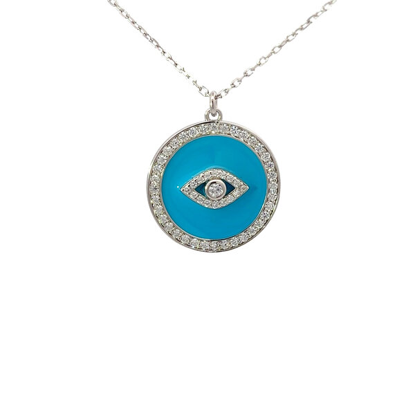 Sterling Silver Cubic Zirconia & Enamel Evil Eye Disc Necklace 16"-18" Adjustable