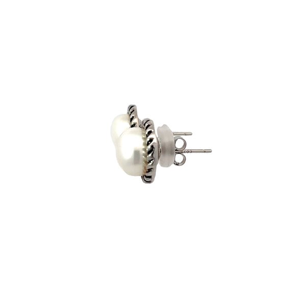 Sterling Silver Oxidized Rope Edge 8.5mm Fresh Water Pearl Post Earrings
